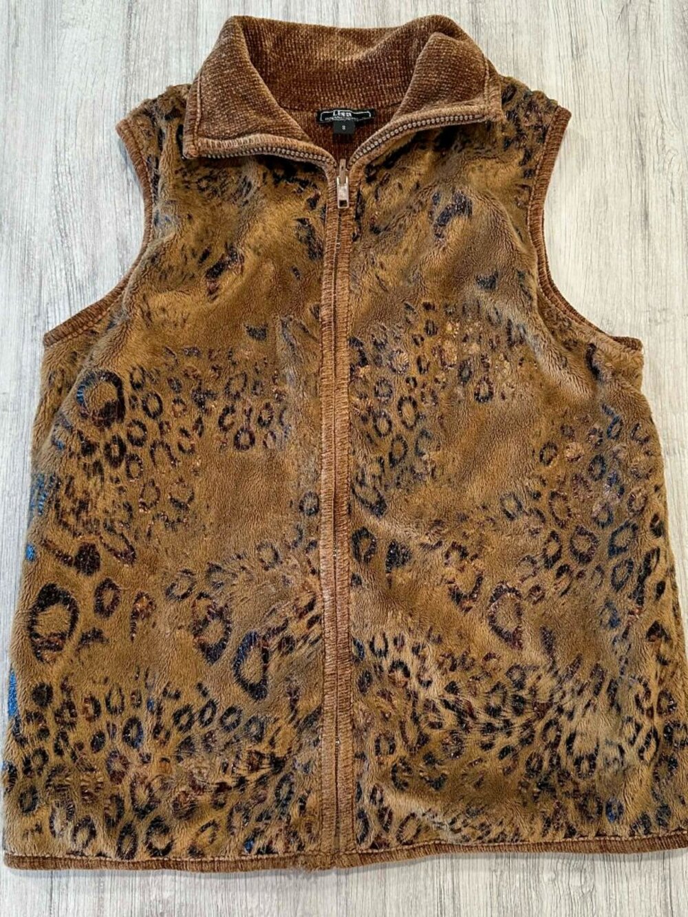 Lisa International Y2K Leopard Faux Fur Vest Womens Small Brown Zip Animal Print